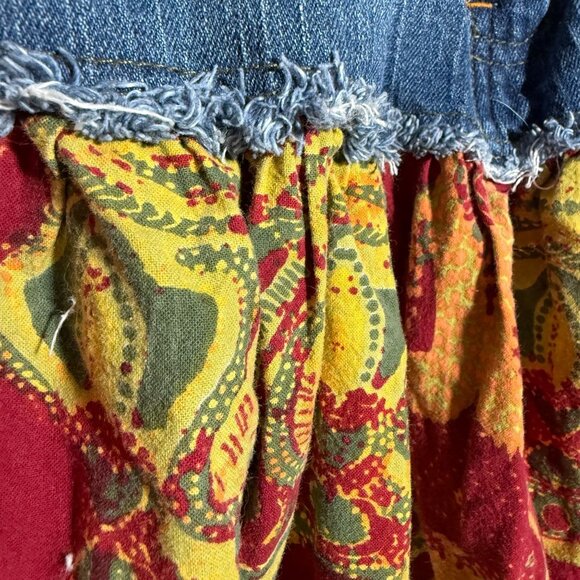 Mix Nouveau Boho Floral Print Ruffle Hem Frayed Jean Skirt Womens Small Red Blue - Picture 3 of 9